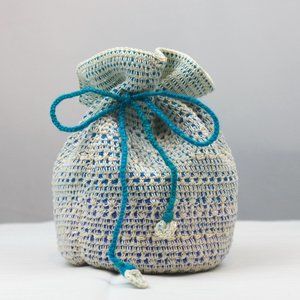 Handcrafted Cream Blue Purple Ombre Crochet Drawstring Pouch Bag